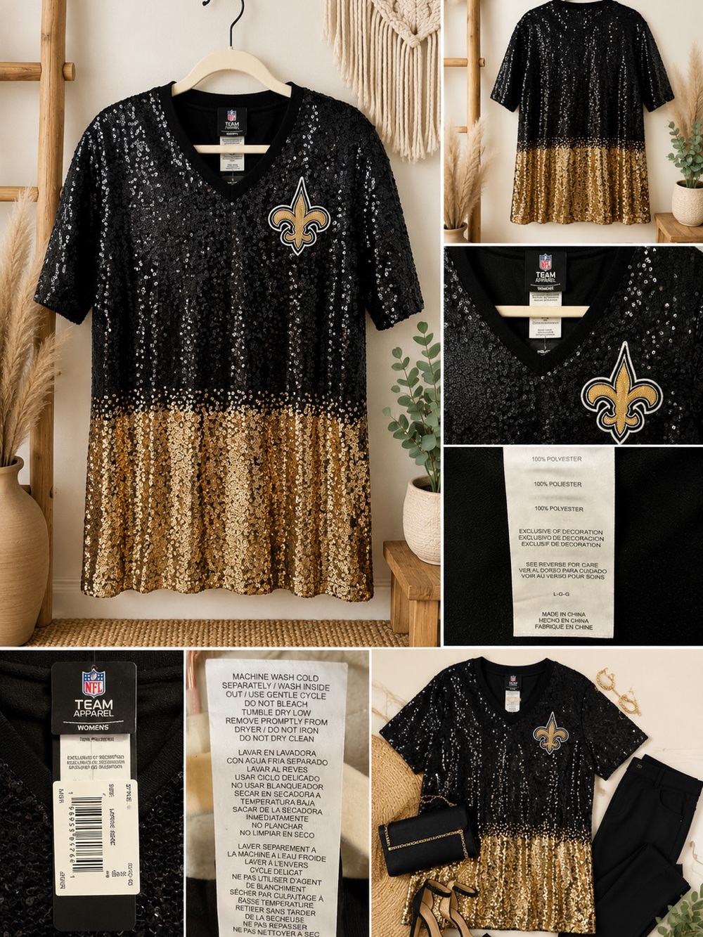 NFL Women’s NWT Saints Black and Gold Sequin V-Neck Dress Short Sleeve SZ Large